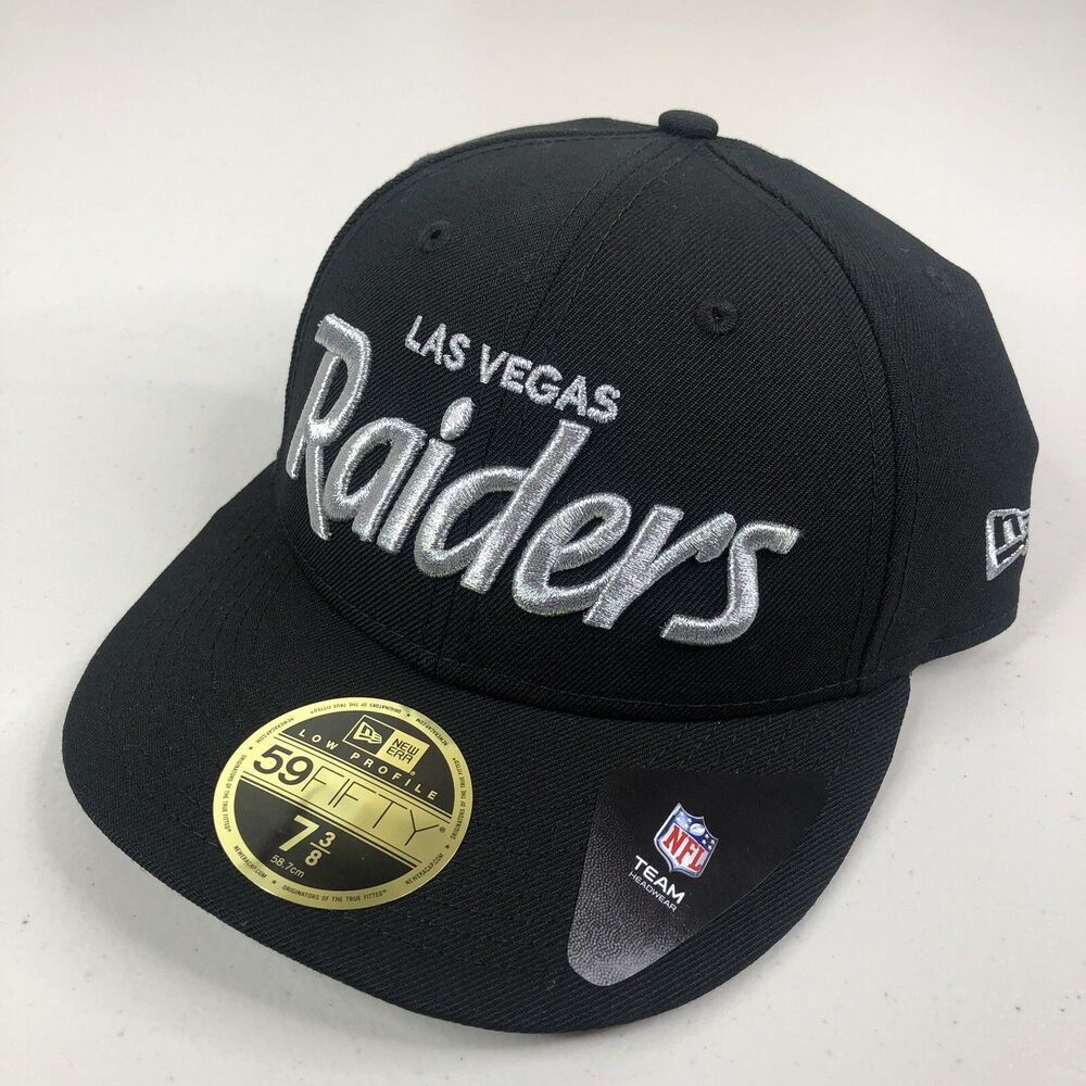 Las Vegas Raiders Hat Cap Fitted 7 3/8 Black Wool New Era Low Profile Script NFL
